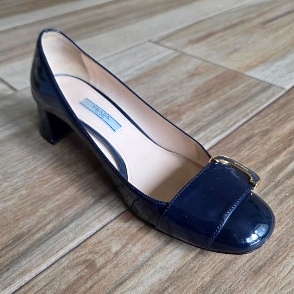 Prada Blue Patent Chunky Pumps Shoes Eur. 36.5